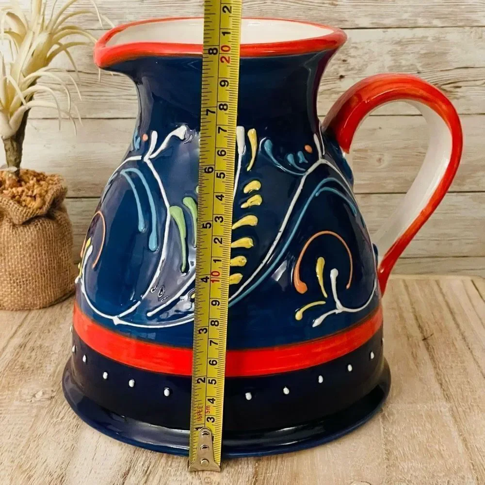 NWT Cerámicas Anoru S.L. Blue Red Hand Painted Ceramic Pitcher Made in Spain